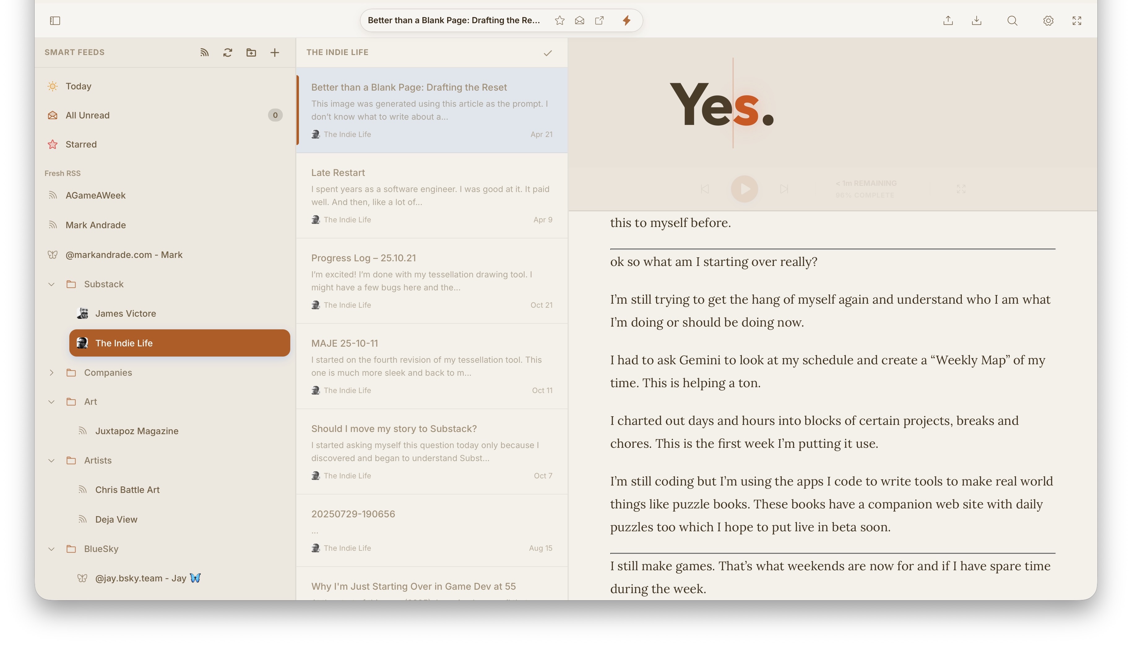Screenshot of prototype rss reader with speed reader built in