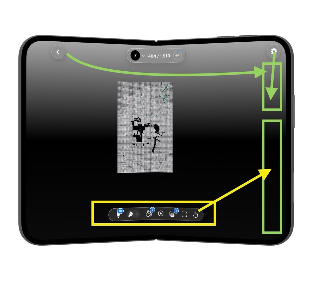 Moved the back and prefs button to the top green area. Moved the bottom toolbar to the lower green area