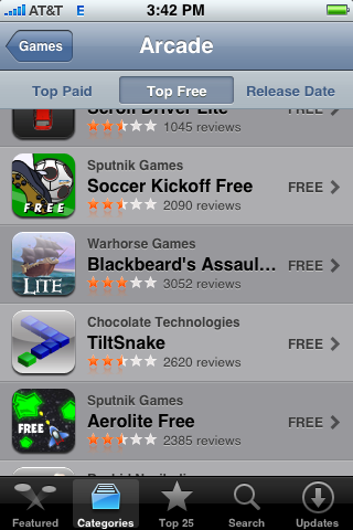 Screenshot of the App store from 2008 featuring Cowabunga and Soccer Kickoff in positions 27 and 28 in the top free list.
