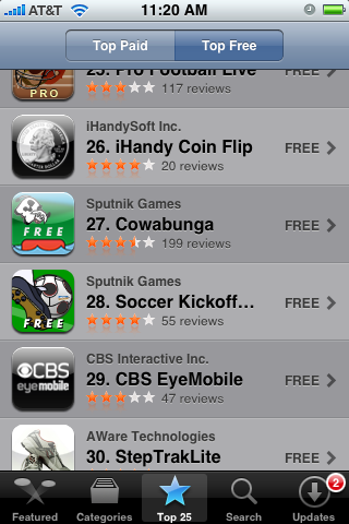 Screenshot of the App store from 2008 featuring Cowabunga and Soccer Kickoff in positions 27 and 28 in the top free list.